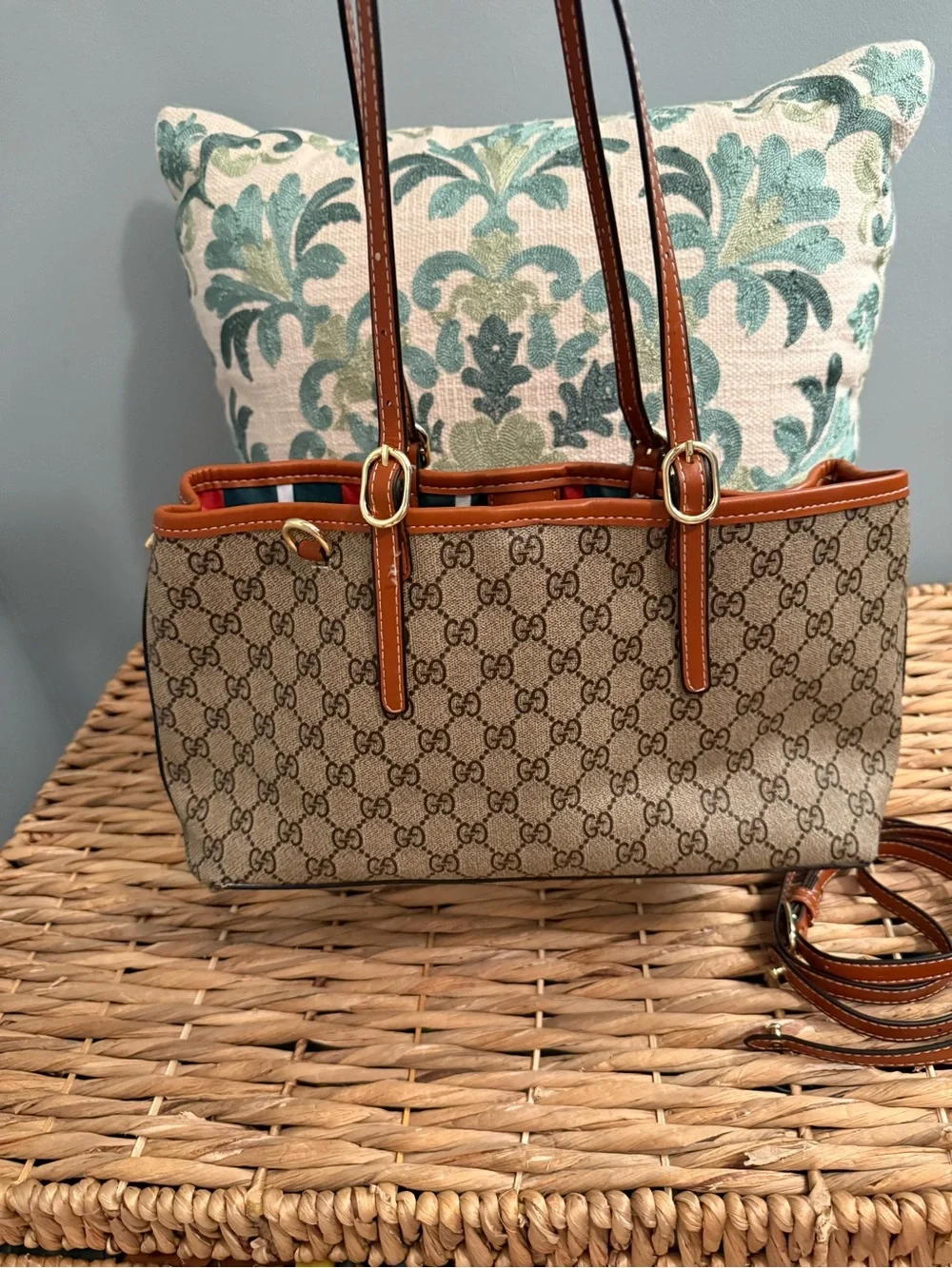 Beige GG Supreme Canvas Tote with Brown Leather Trim